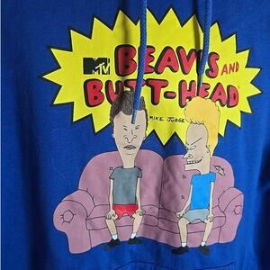 MTV Beavis And Butthead Couch Logo Hoodie Sweatshirt Mens Small Blue Skater